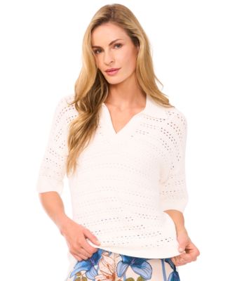 CeCe - Women's Open-Knit Short-Sleeve Polo Sweater