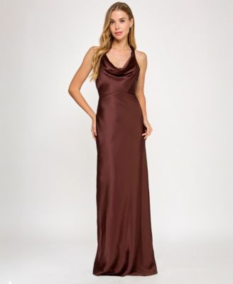 SENI & CADE - Juniors' Satin Cowl-Neck Halter Gown