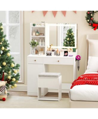 3-Color LED Mirror, Charging Station & Storage Compartments Vanity Dressing Table & Stool Set