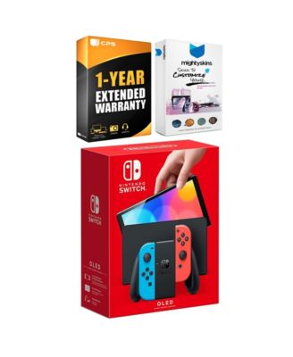 Switch Neon Red and Blue OLED Console with MightySkins Console and Controller Skin Voucher and 1 Year CPS Extended Warranty