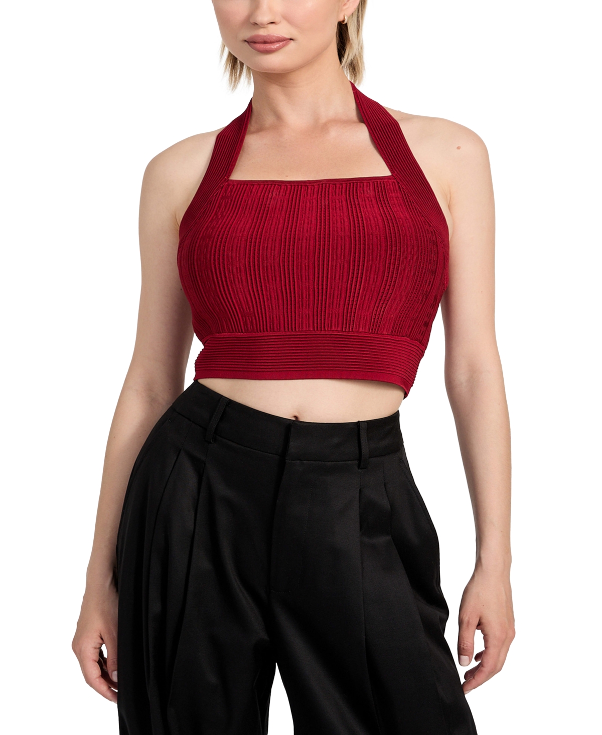 Guess Sofie Rib Crop Halter Top In Red