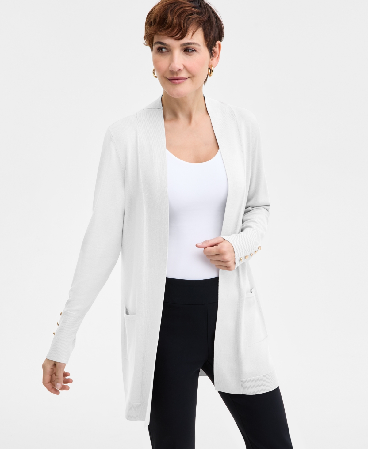 Jm Collection Women's Button-Sleeve Flyaway Cardigan Sweater - Bright White
