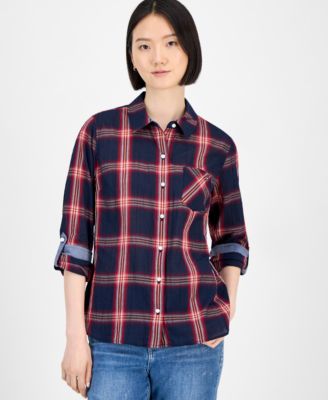 Tommy Hilfiger - Women's Crinkled Plaid Button-Front Shirt