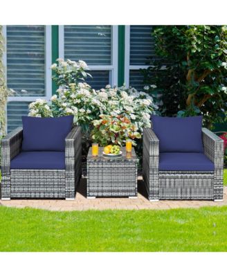 3PCS Rattan Patio Conversation Furniture Set Outdoor Yard w/ Navy Cushion