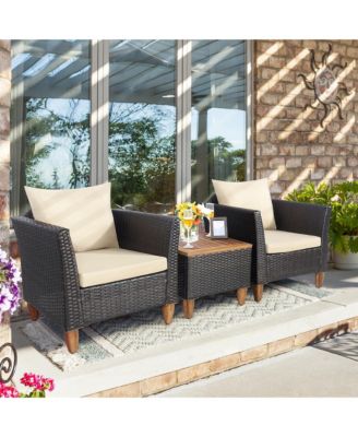 3PCS Patio Furniture Set Conversation Bistro Set w/ Acacia Wood & Cushions Beige