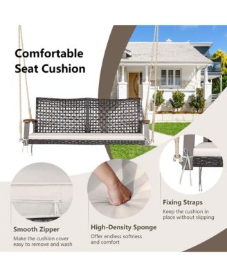 2-Seat Rattan Porch Swing Chair Outdoor Wicker Swing Bench W/ Seat Cushion Red