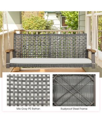 Rattan Patio Porch Swing 2-Person Cushioned Swing Chair Bench w/ Hanging Ropes
