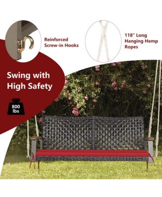 2-Seat Rattan Porch Swing Chair Outdoor Wicker Swing Bench W/ Seat Cushion Red