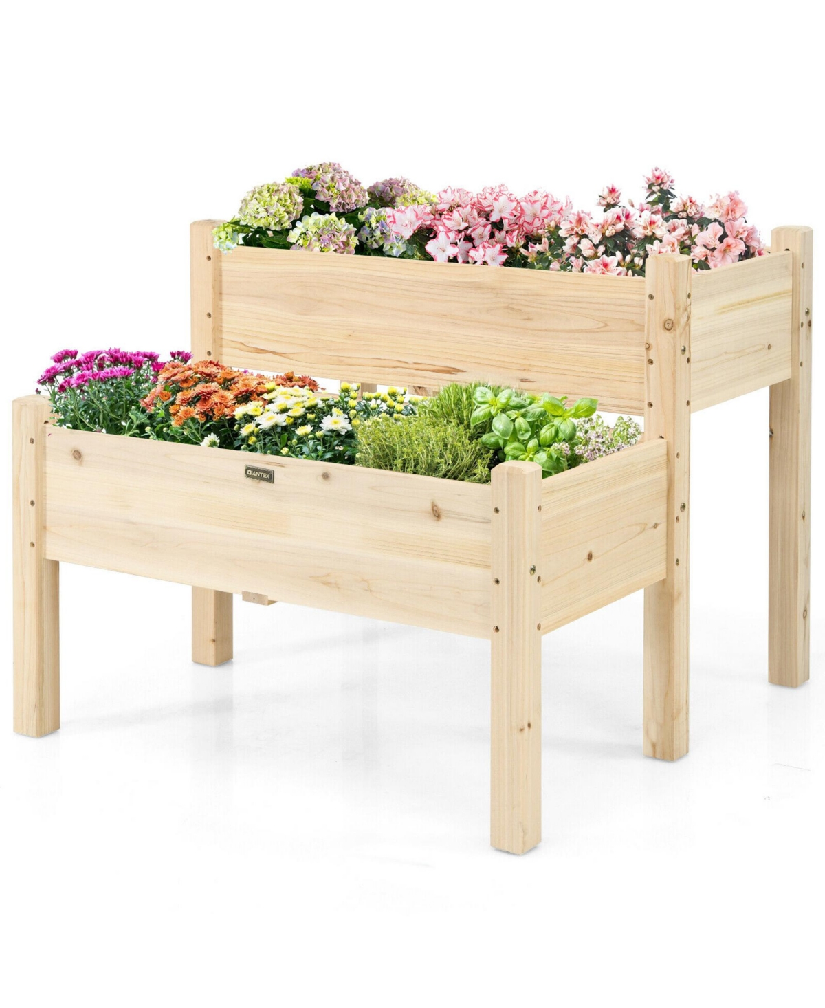 2 Tier Wooden Raised Garden Bed Elevated Planter Box w/Legs Drain Holes - Natural