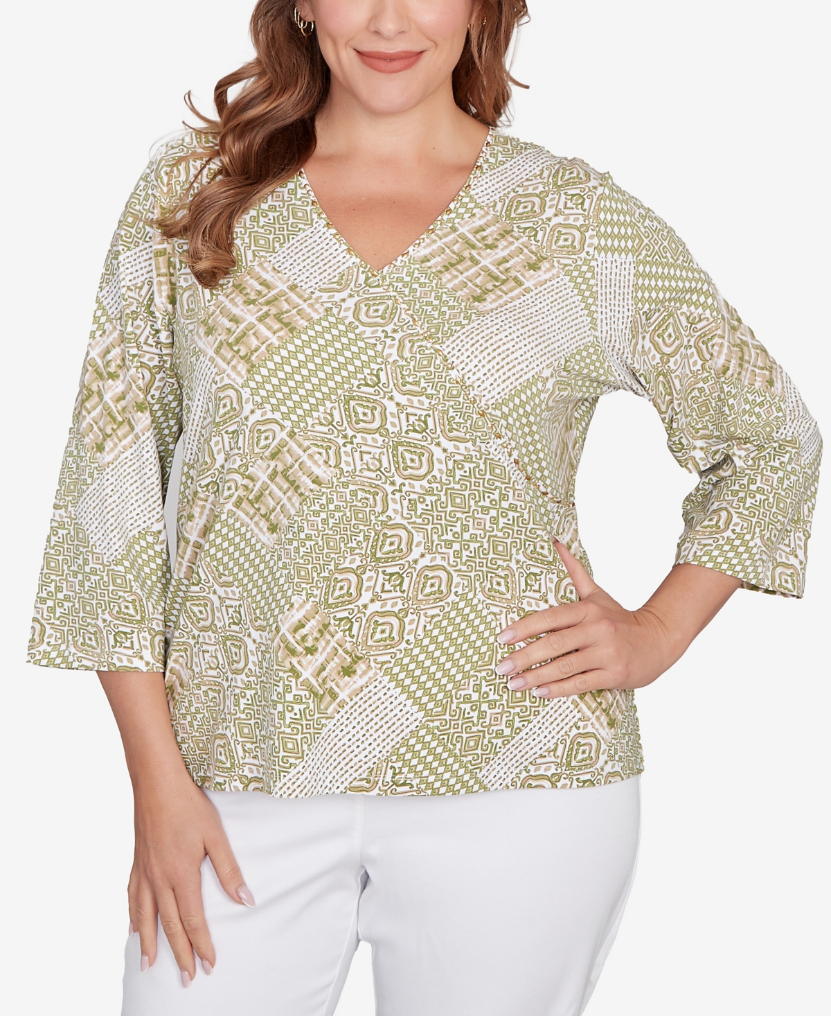 Plus Size Embellished Printed Stretch Jersey Top - Fern Multi