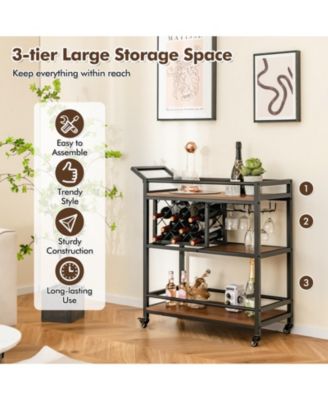 3-Tier Rolling Bar Serving Cart with Wine Rack and Glass Holder