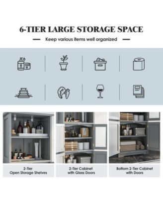 6-Tier Freestanding Bathroom Cabinet with 2 Open Compartments and Adjustable Shelves