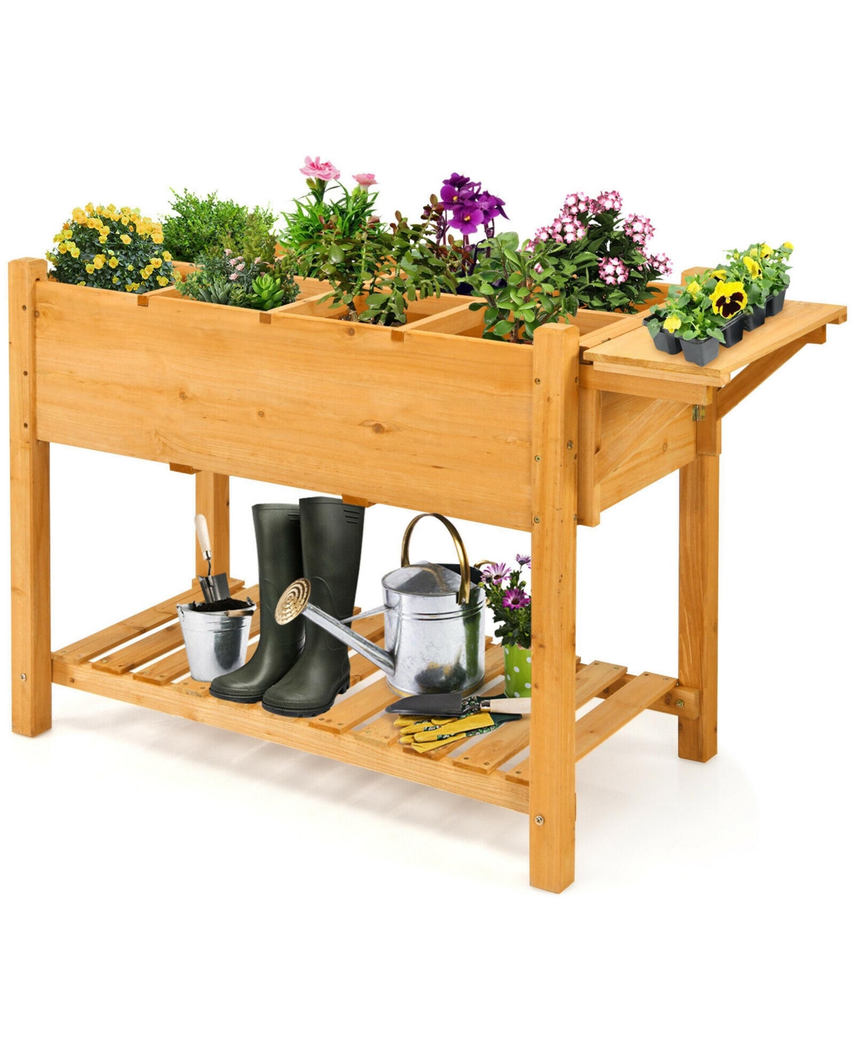 Raised Garden Bed Elevated Planter Box Kit w/8 Grids & Folding Tabletop - Brown