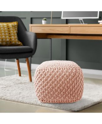 Square Pouf Ottoman, Light Gray - 18.5" W x 18.5" D x 14.5" H Cotton Knit Foot Stool - Boho Floor Pouffe for Living Room