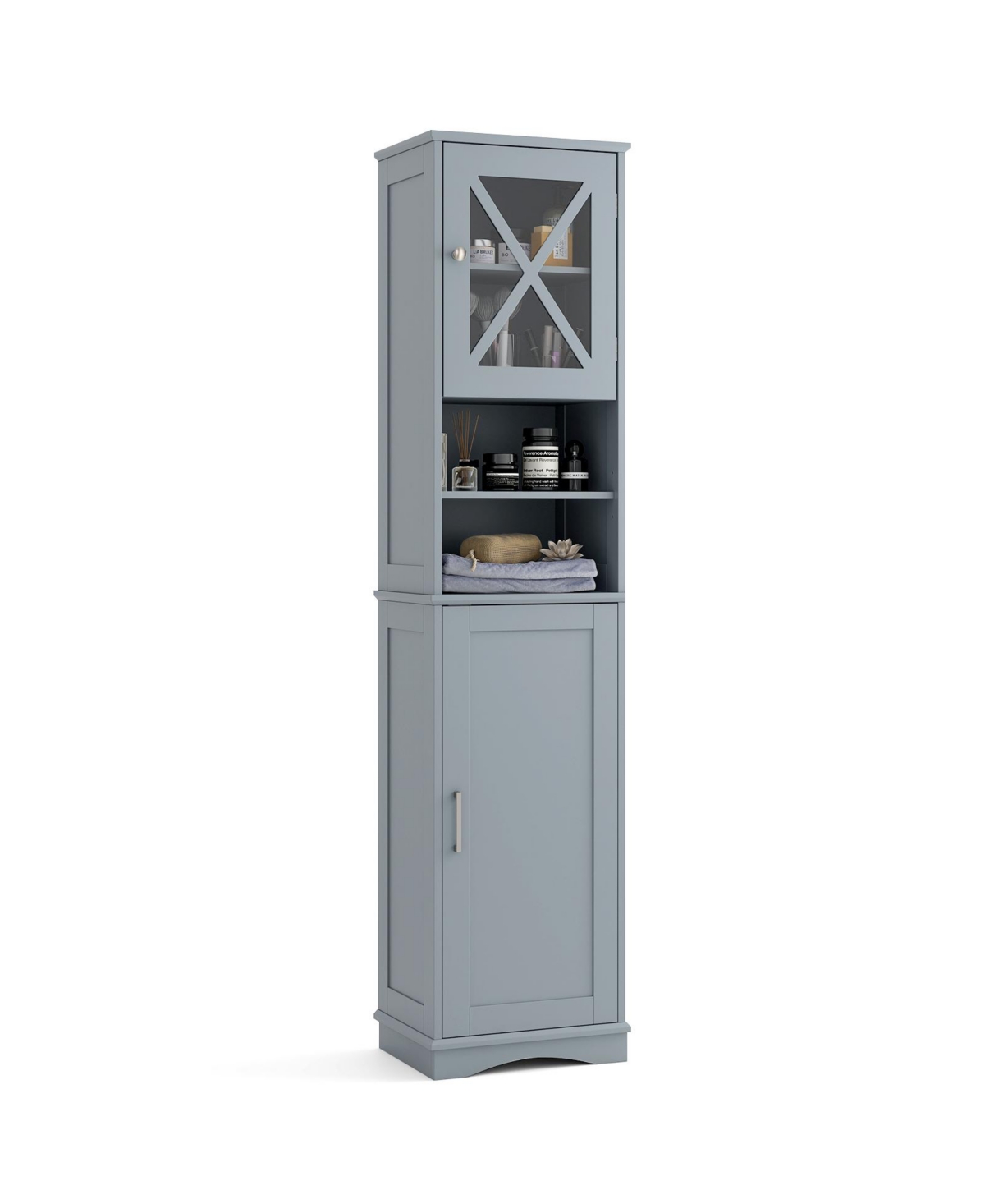 Tall Freestanding Bathroom Storage Cabinet with 5 Adjustable Shelves - Grey