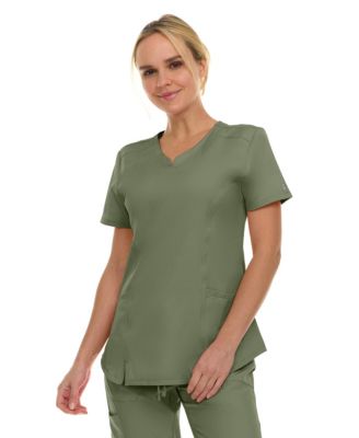 Women's Scrubs V-Neck Notch Fashion Stretch Scrub Top with Two Pockets, Flex Easy Care Fabric, Bubble Gum, Large
