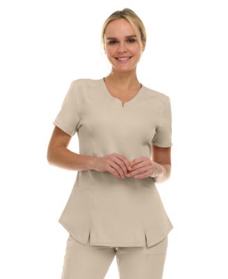 Women's Scrubs V-Neck Notch Fashion Stretch Scrub Top with Two Pockets, Flex Easy Care Fabric, Bubble Gum, Large