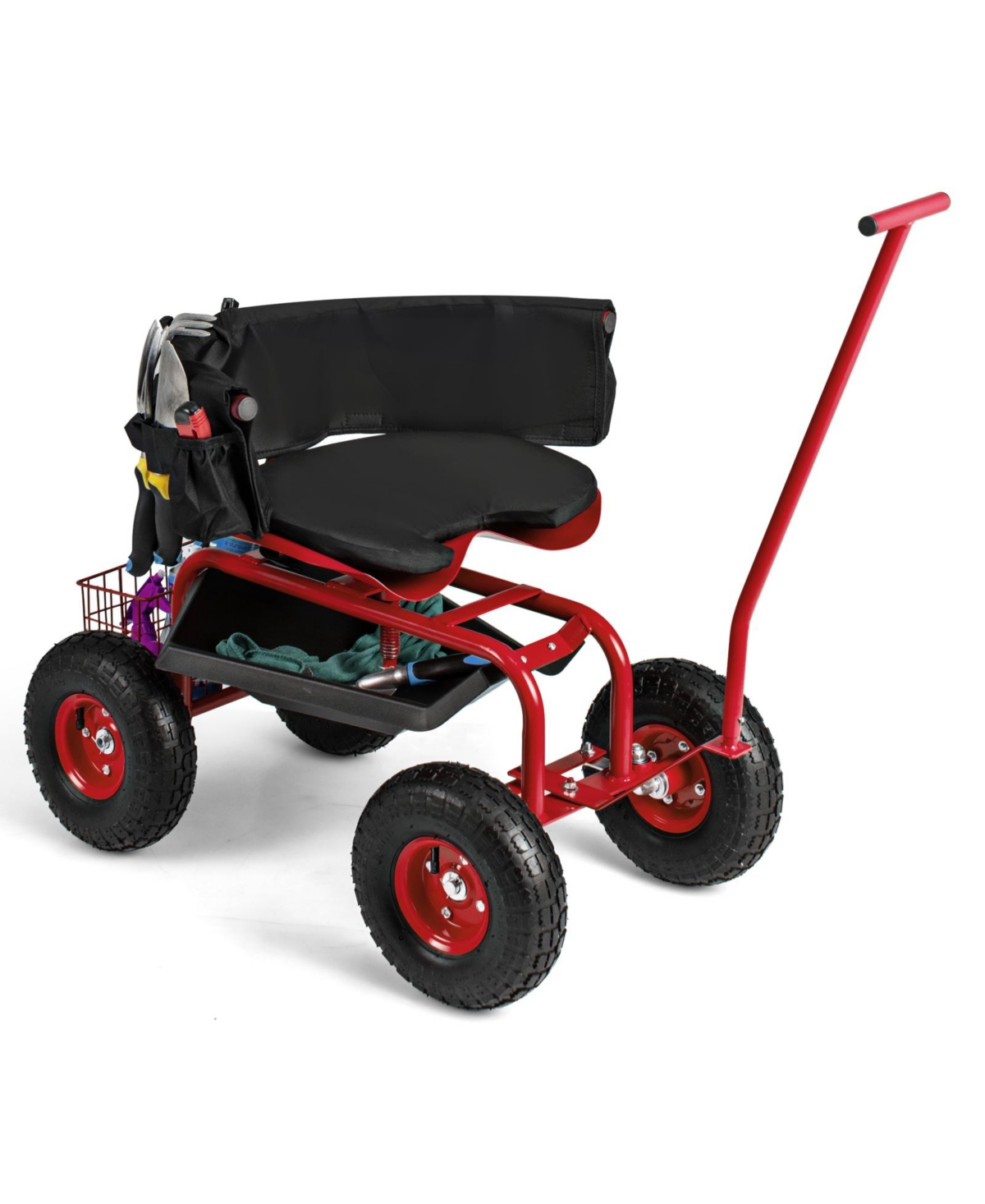 Multi-Functional Rolling Garden Cart with Swivel Seat & Large Storage Basket - Red