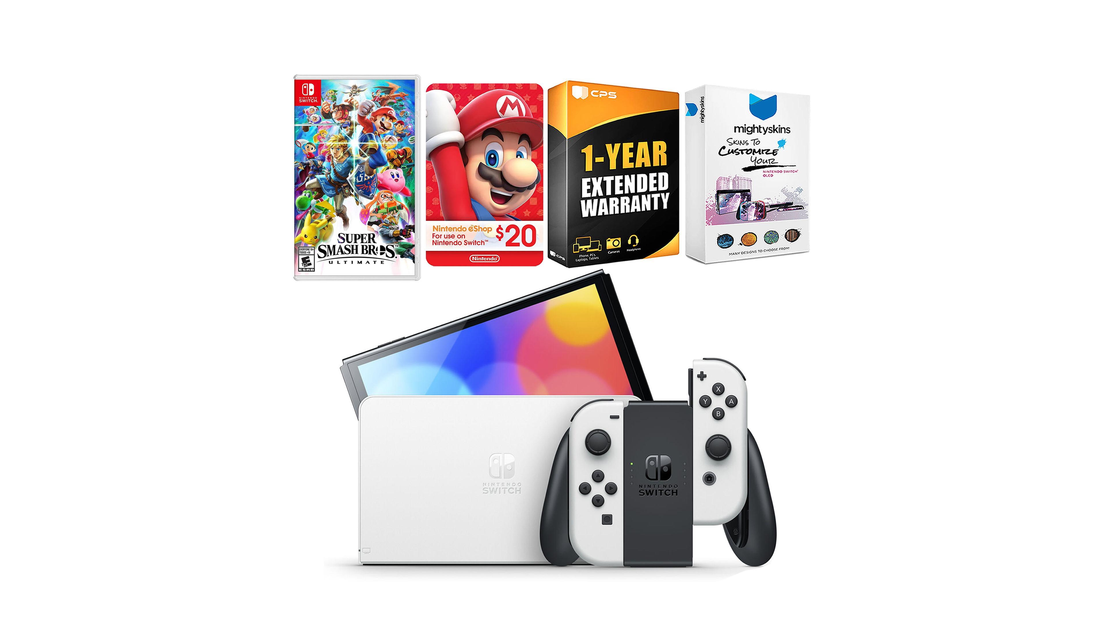 Nintendo Switch White Oled Console with Super Smash Bros: Ultimate, Nintendo $20 eShop Gift Card, MightySkins Console and Controller Skin Voucher