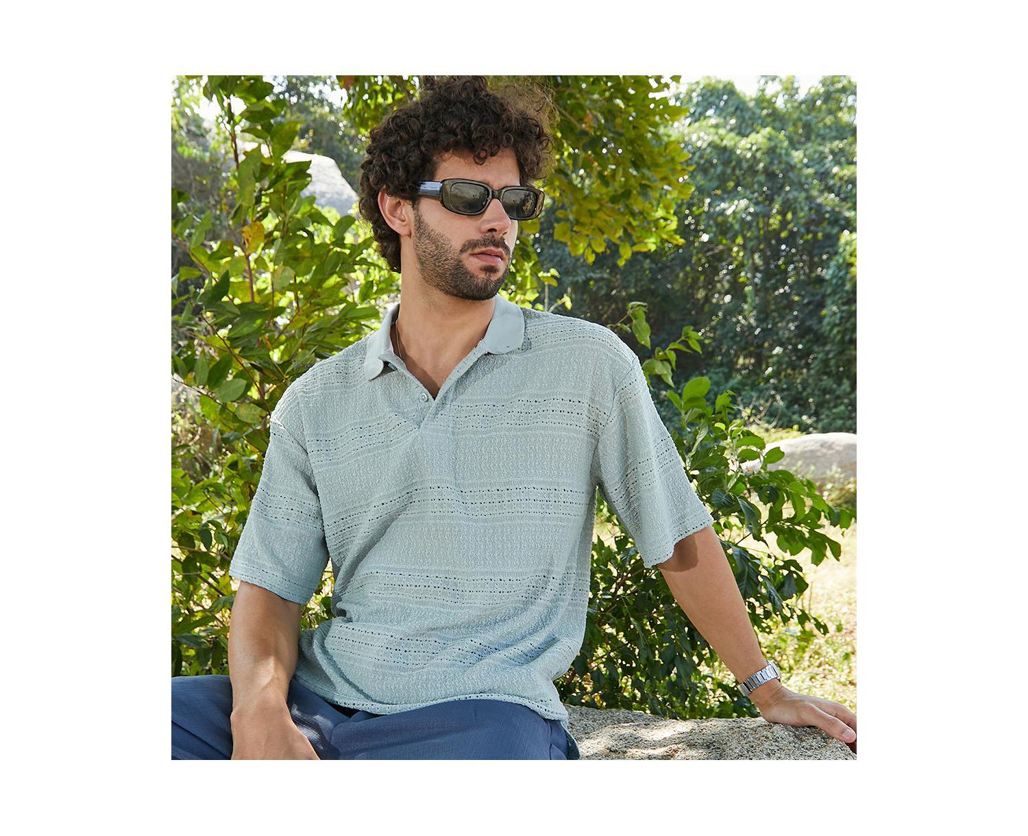 Men's Sage Green Bohomian Oversized Polo T-Shirt