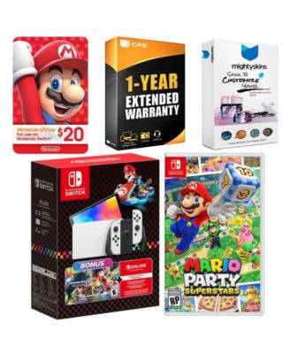 Switch OLED Console Mario Kart 8 Bundle with Mario Party Superstars, Nintendo $20 eShop Gift Card, MightySkins Console and Controller Skin Vo