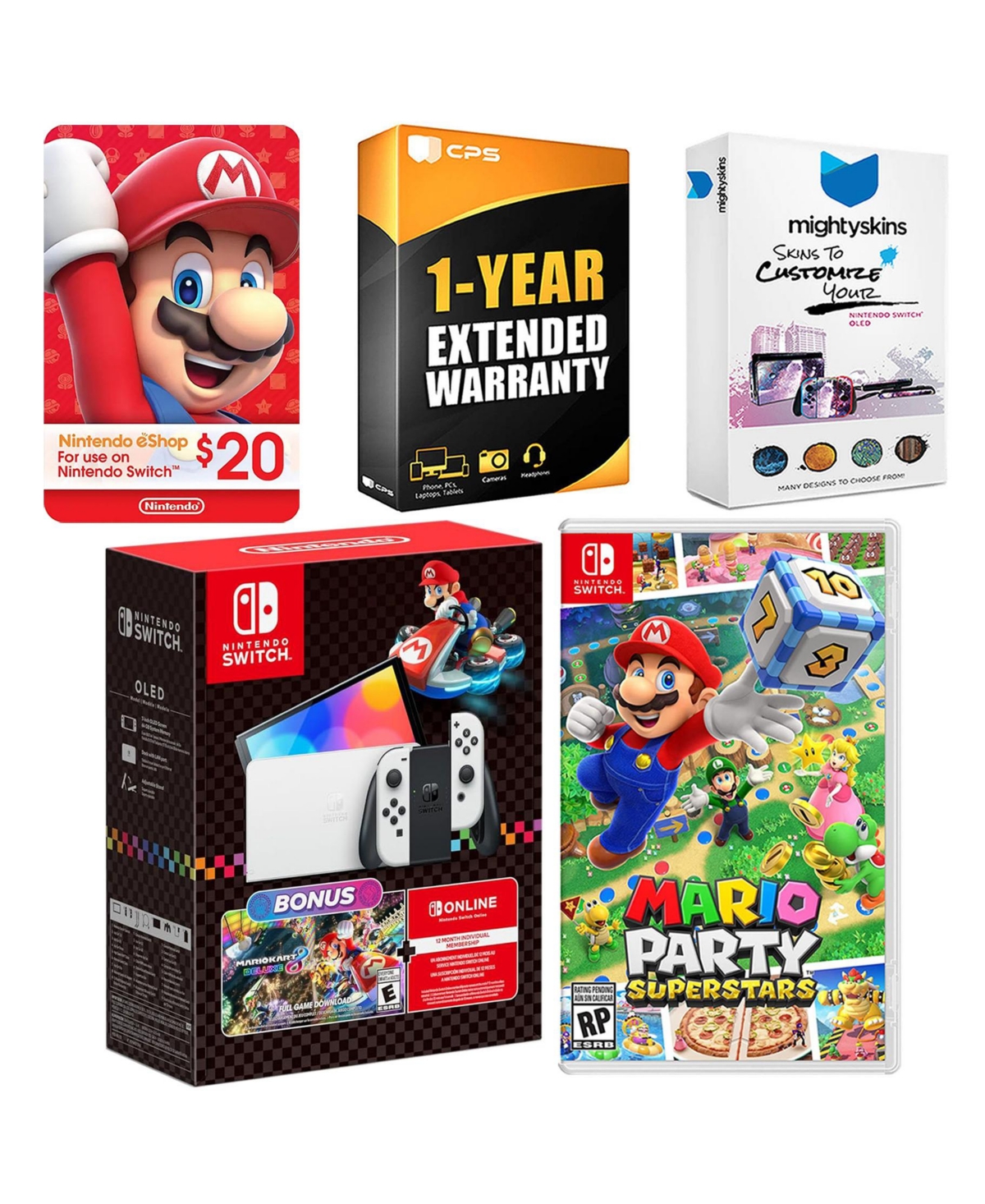 Nintendo Switch Oled Console Mario Kart 8 Bundle with Mario Party Superstars, Nintendo $20 eShop Gift Card