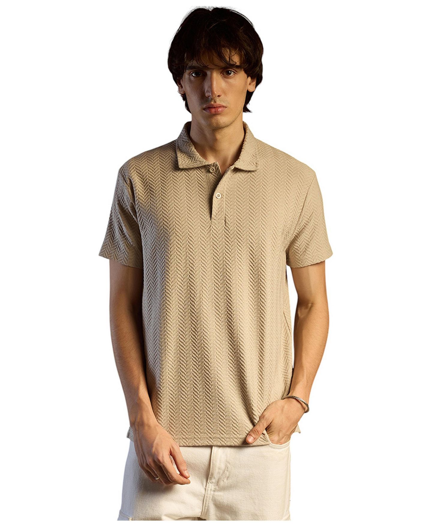 Мужская футболка Cahoot Saltbox Beige Chevron Polo, цвет: Бежевый / Хаки — фото 1