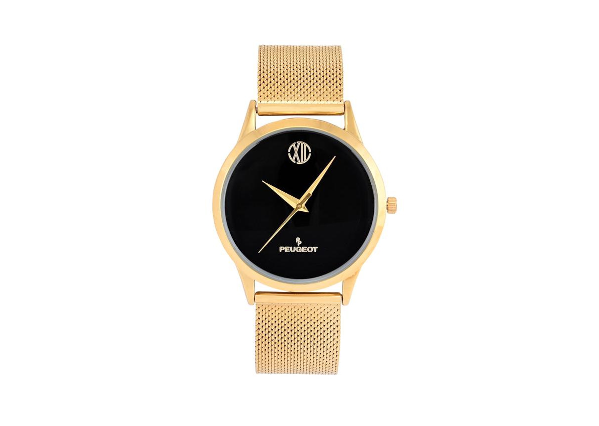 Men's 40mm Wafer Slim Black Dial Gold Plated Case Watch with Mesh Band