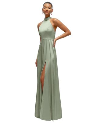 Women's Band Collar Halter Open Back Fluid Satin Maxi Dress with Self-Tie Bow