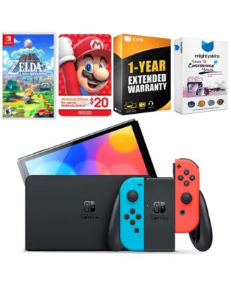 Switch Neon Red & Blue OLED Console with The Legend Of Zelda Link's Awakening, Nintendo $20 eShop Gift Card, MightySkins Console and Controll