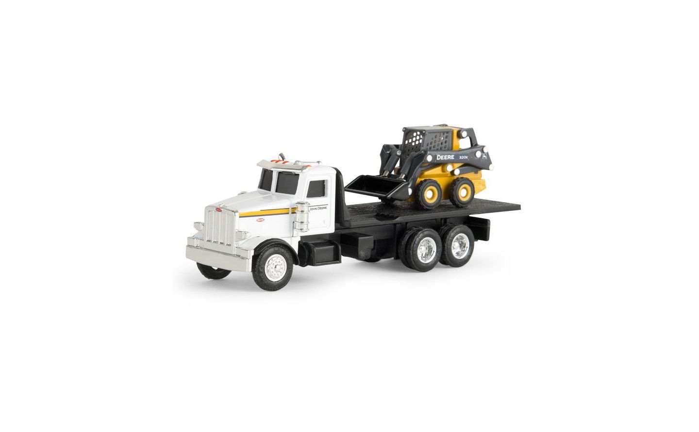 Детские игрушки ERTL 1/64 Scale John Deere Peterbilt Die-Cast Flatbed Truck With 320E Skid Steer, 2-Piece Set — фото 1