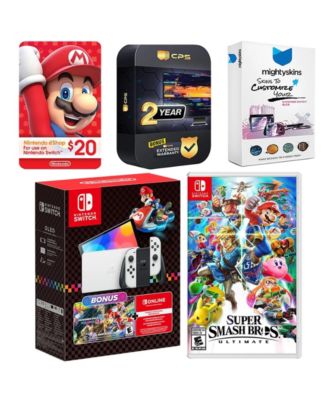 Switch OLED Console Mario Kart 8 Bundle with Super Smash Bros: Ultimate, Nintendo $20 eShop Gift Card, MightySkins Console and Controller Ski