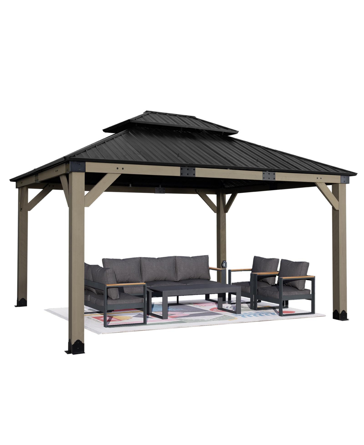Aoodor 12' x 14' Wood Gazebo, Upgrade Cedar Wooden Frame Gazebo with 2-Tier Galvanized Steel Roof and Outlets for Patio, Backyard, Deck, and Lawn