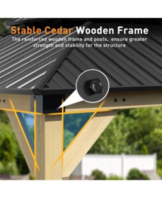 10 x 12 ft Wooden Frame Gazebo with 2-Tier Galvanized Metal Hardtop Roof, Outdoor Patio Gazebo with Charging Socket