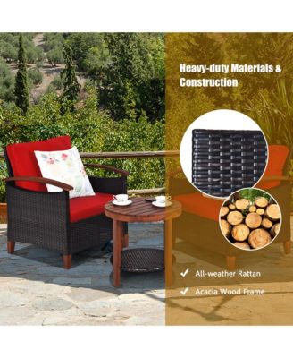 3PCS Patio Wicker Rattan Conversation Set Outdoor Furniture Set w/ Red Cushion