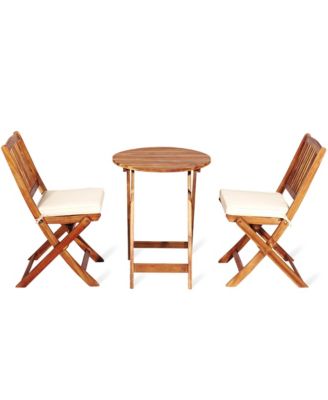 3PCS Folding Acacia Wood Bistro Set Patio Conversation Set w/ Cushions