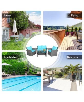 4PCS Patio Rattan Conversation Set Outdoor Furniture Set w/ Turquoise Cushions