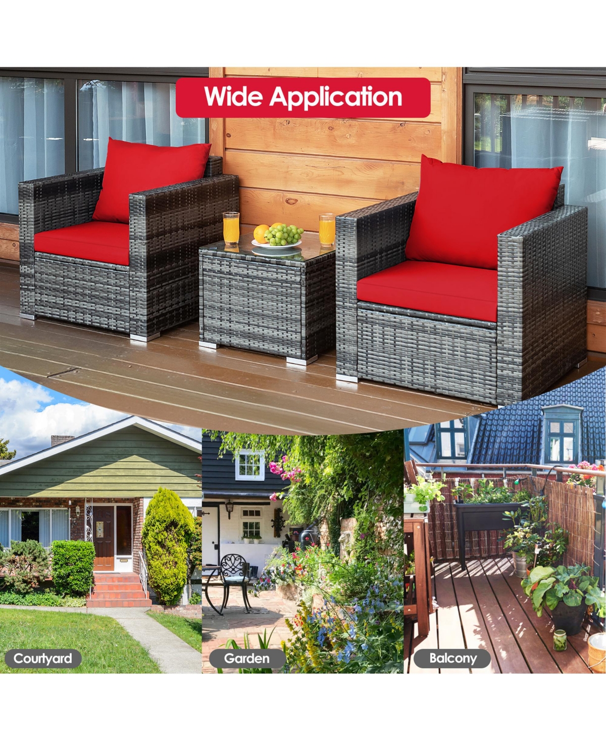 Gymax 3PCS Rattan Patio Conversation Furniture Set Outdoor Yard w/ Cushion