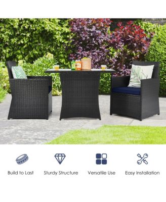 3PCS Patio Wicker Bistro Set PE Rattan Dining Table Set w/ Navy Cushions