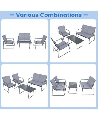 4PCS Metal Outdoor Conversation Set Patio Furniture Set w/ Glass Table