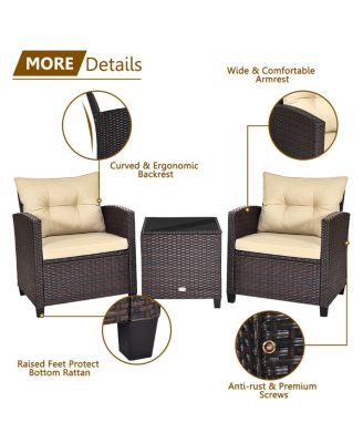 3PCS Patio Outdoor Rattan Conversation Set w/ Coffee Table Cushion