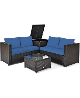 4PCS Cushioned Rattan Patio Conversation Set w/ Side Table Navy Cushion