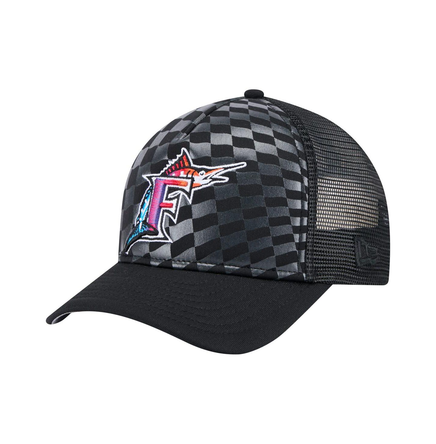 Мужская кепка New Era Black Florida Marlins Cooperstown Collection Gradient 9FORTY A-Frame M-Crown Trucker Adjustable Hat — фото 1