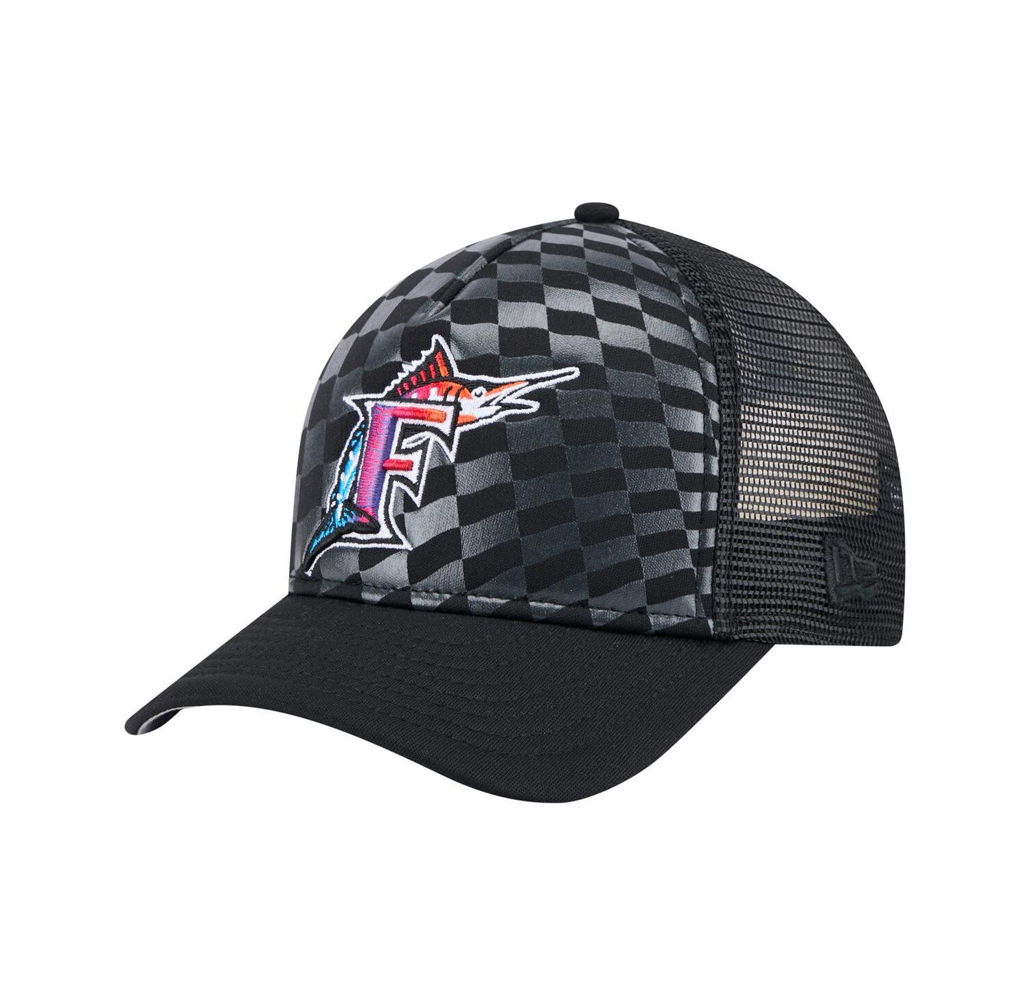 Men's Black Florida Marlins Cooperstown Collection Gradient 9FORTY A-Frame M-Crown Trucker Adjustable Hat