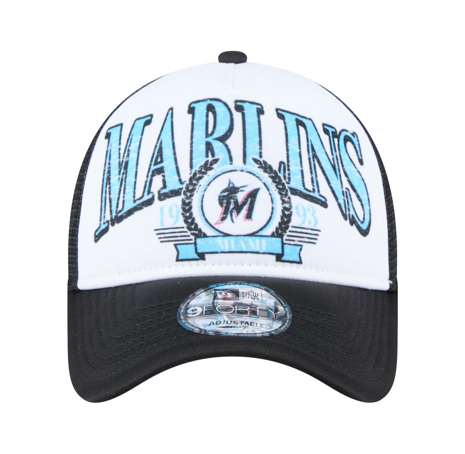 Men's Black Miami Marlins Distressed 9FORTY A-Frame Adjustable Trucker Hat