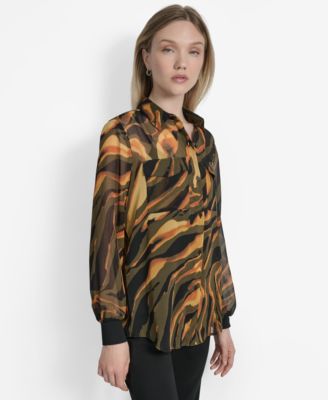 Women's Printed Button-Front Long-Sleeve Shirt