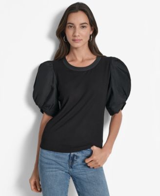 DKNY - Women's Mixed-Media Taffeta Puff-Sleeve Top