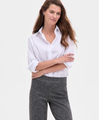 Anne Klein Womens Button Front Drop Shoulder Shirt Printed Mid Rise Wide Leg Pants In White