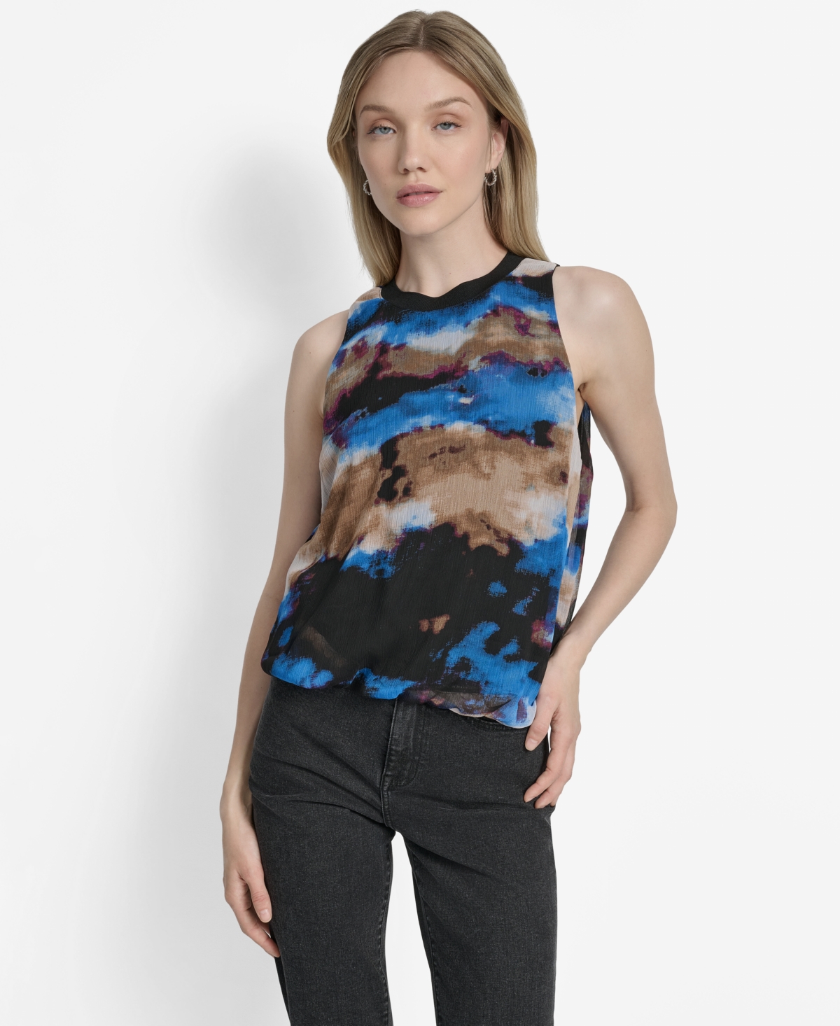 Dkny Print Sleeveless Chiffon Bubble Top In Blue