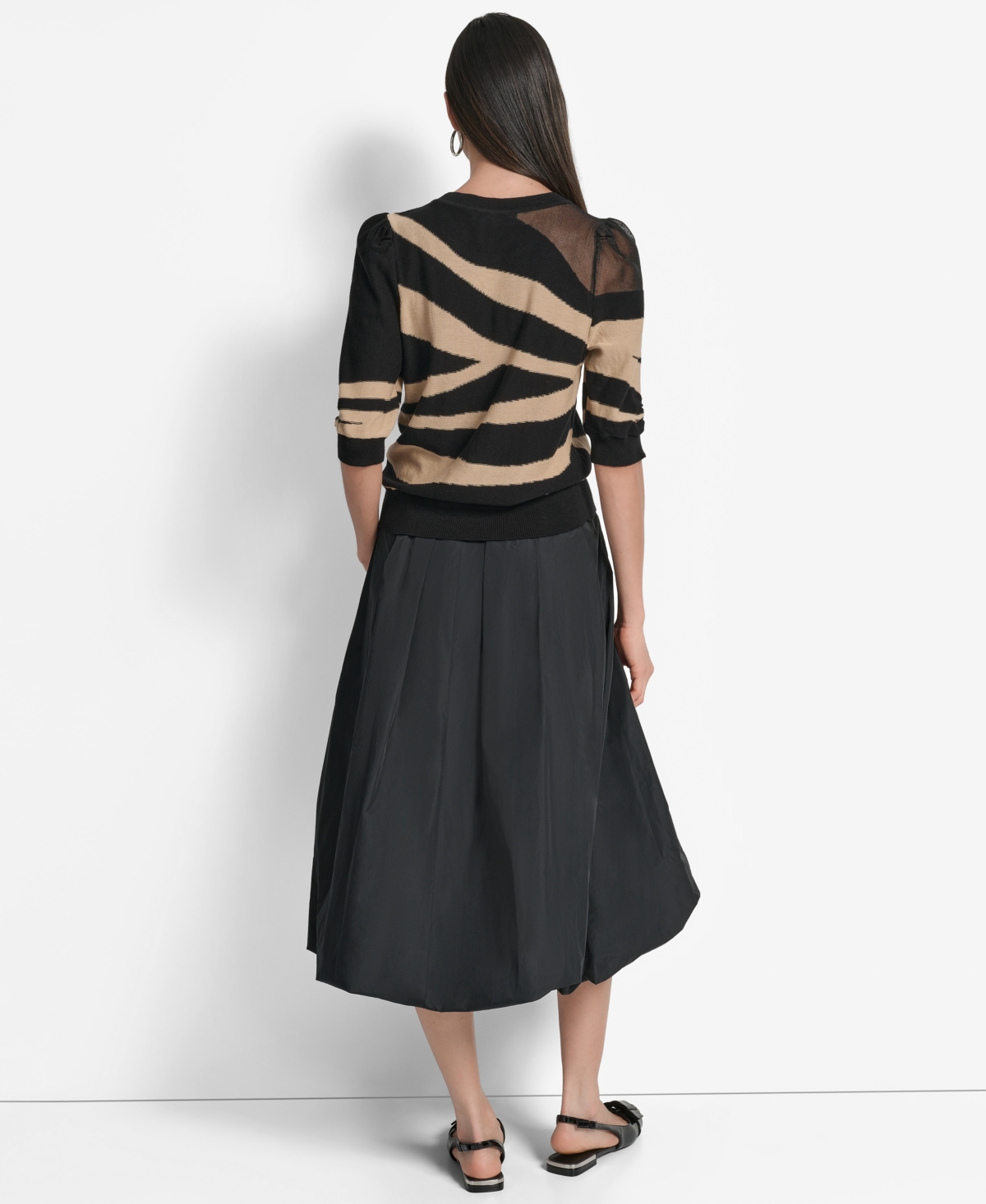 Dkny Zebra Stripe Three-quarter Sleeve Sweater In Black